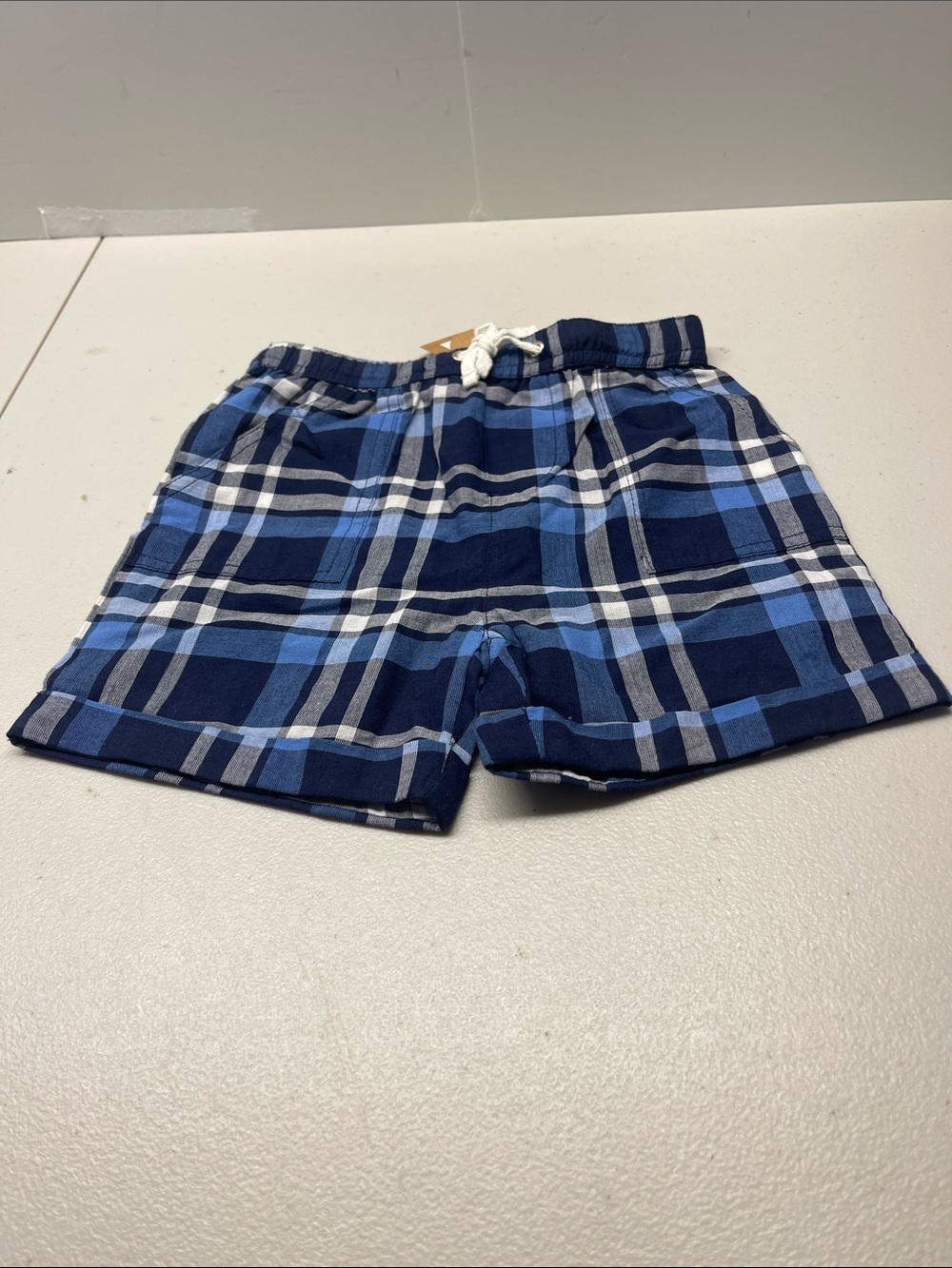 Mud Pie Navy and Light Blue Plaid Pull-On Shorts. NWT. Size 2T/3T